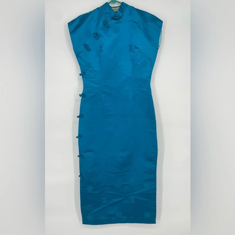 VTG 1960s Mandarin Fashions Aqua Blue Maxi Length Mid Century Cheongsam Dress - Picture 3 of 14